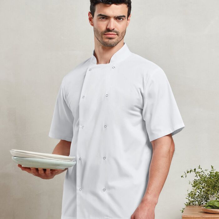 Studded front short sleeve chef's jacket Thumbnail